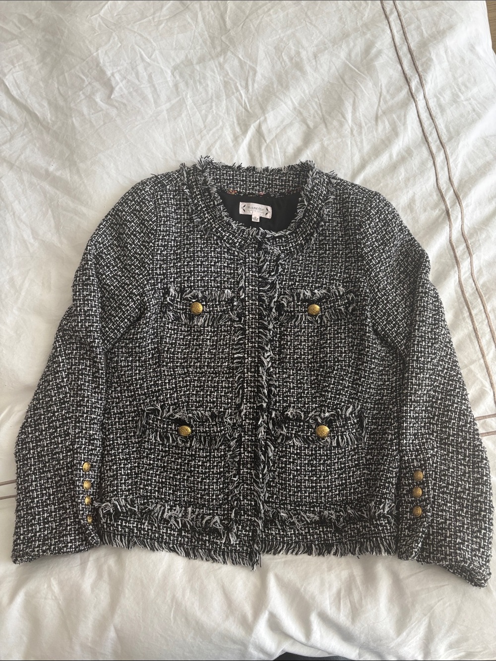 Nanette Lepore Black & White Tweed Fringe Jacket with Gold Buttons